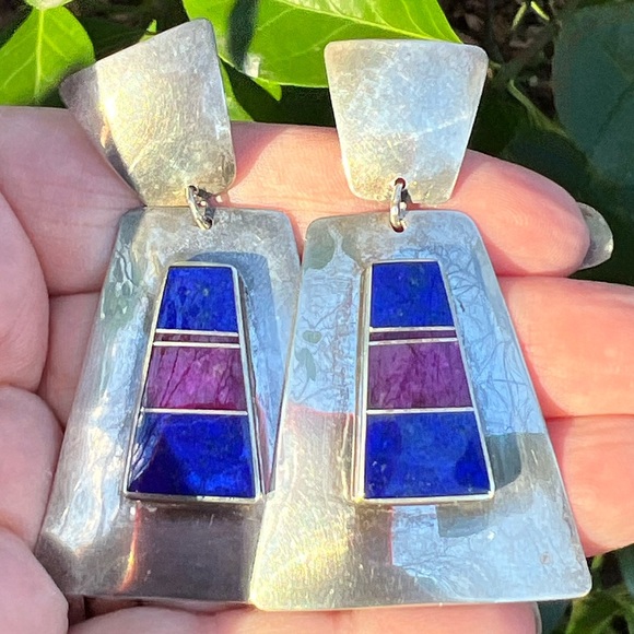VINTAGE NAVAJO NATIVE AMERICAN SUGILITE LAPIS HUGE DROP DANGLE EARRINGS 925 SS